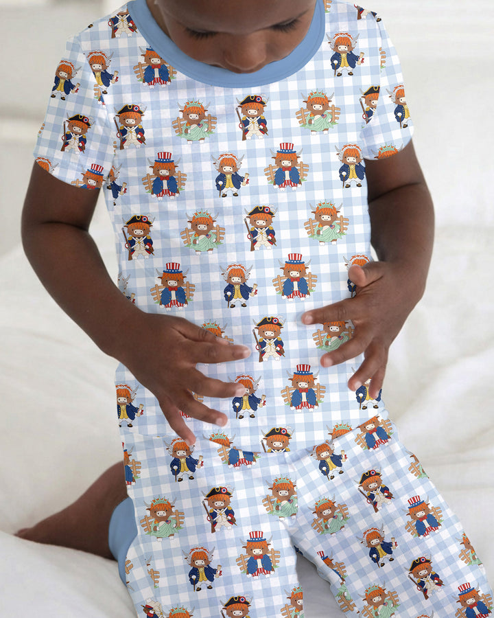 Patriotic 4th of July Highland Cow Bamboo Two Piece Short Sleeve Pajama Set