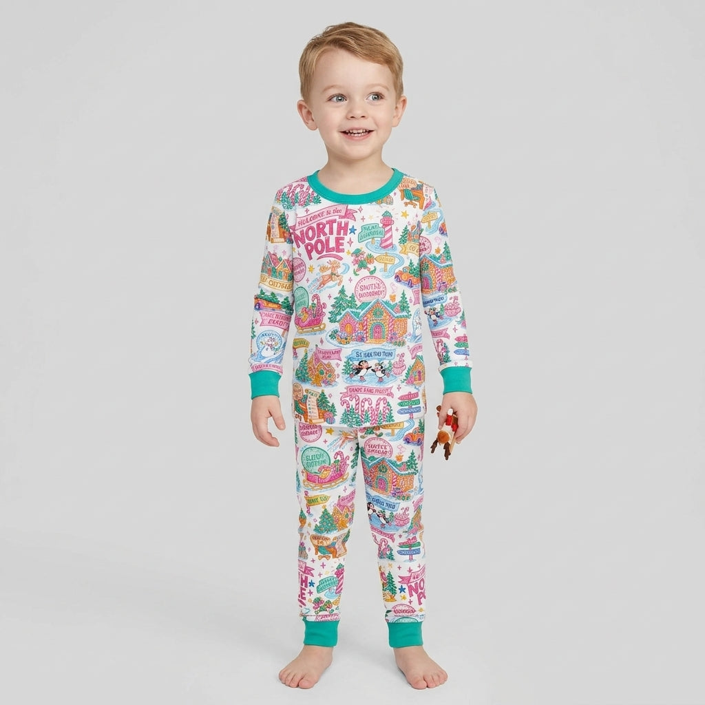 Retro North Pole Bamboo Two Piece Long Sleeve Pajama Set