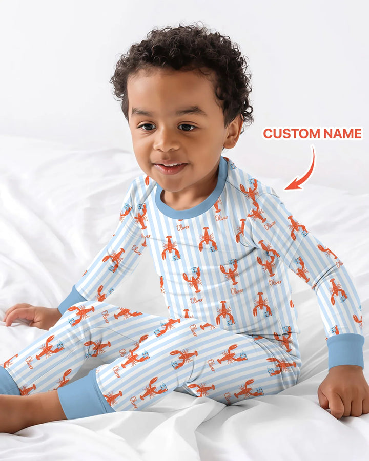 Conjunto de pijama de dos piezas de bambú de manga larga con nombre personalizado, diseño de cerveza y cangrejo de río