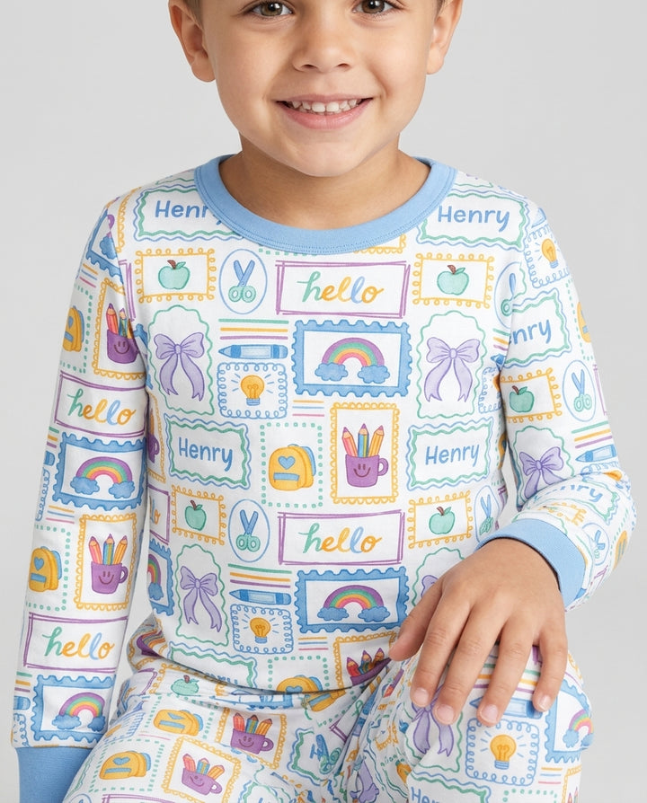 Custom Name Hello School Bamboo Two Piece Long Sleeve Pajama Set