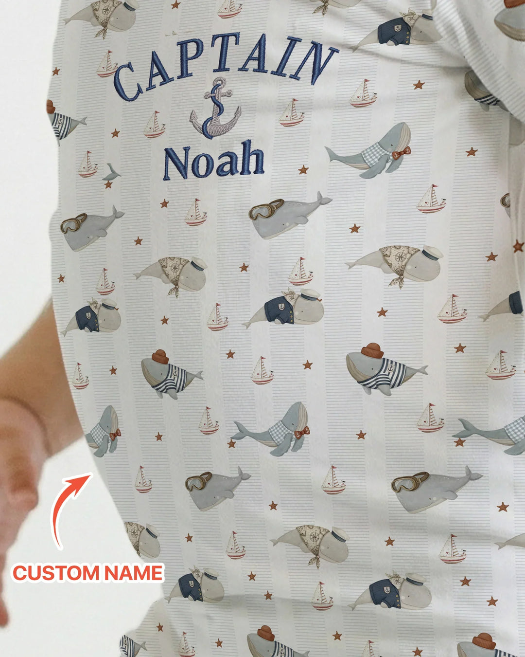 Custom Embroidered Name Little Captain of the Whale Crew Bamboo Two Piece Short Sleeve Shorts Pajama Set