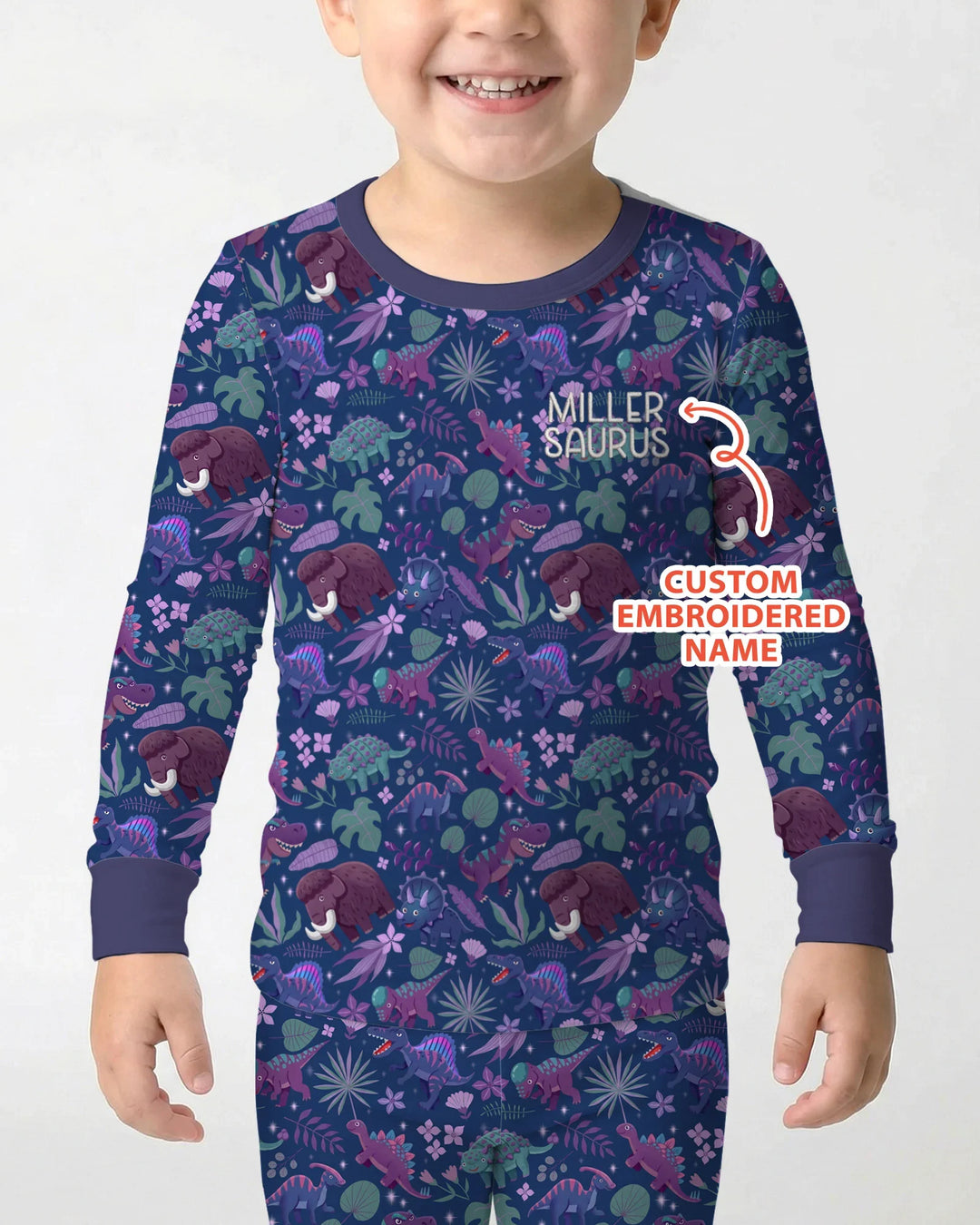 Conjunto de pijama de dos piezas de bambú de manga larga Dino Dream Night bordado con nombre personalizado