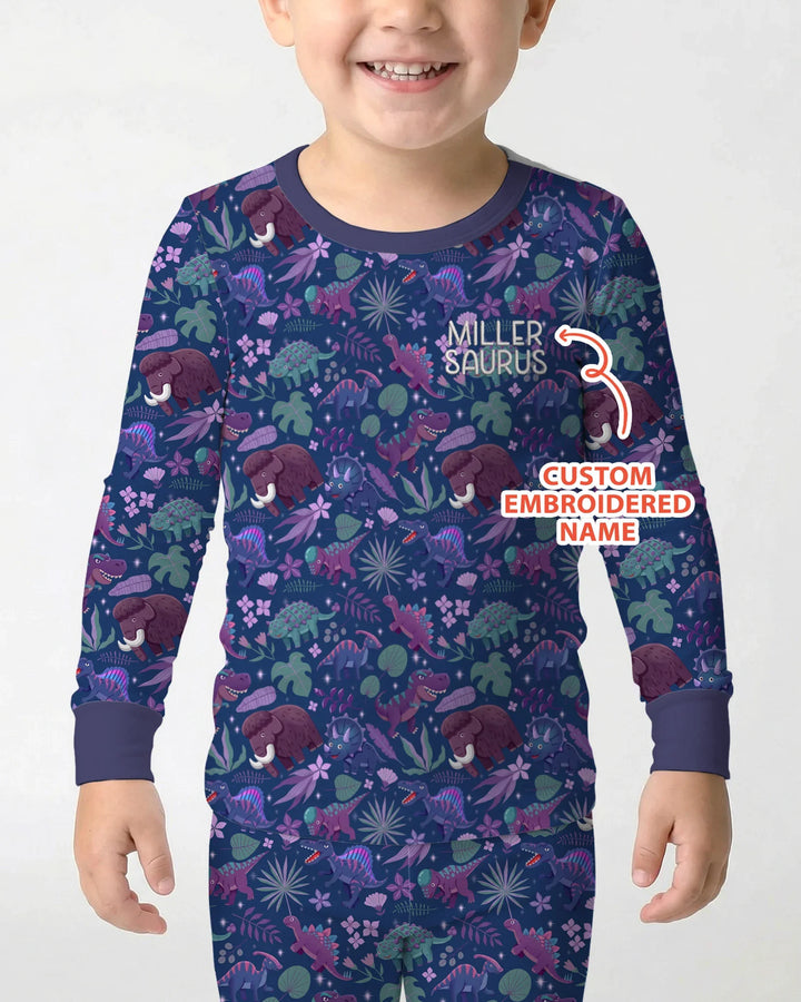 Conjunto de pijama de dos piezas de bambú de manga larga Dino Dream Night bordado con nombre personalizado