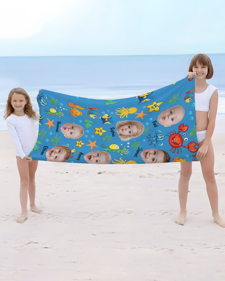 Custom Photo Cute Kid Face Watercolor Sea Creatures Summery Bamboo Beach Towel