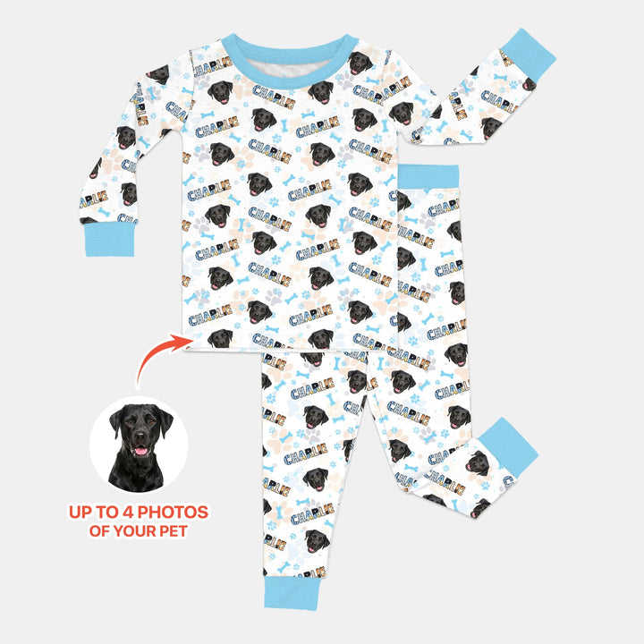 Custom Name Doodle Letters Blue Dog Two Piece Long Sleeve Pajama Set