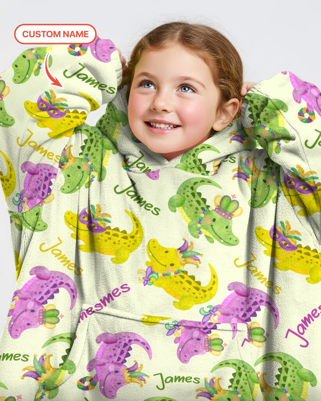 Custom Name Mardi Gras Alligator Wearable Blanket Hoodie