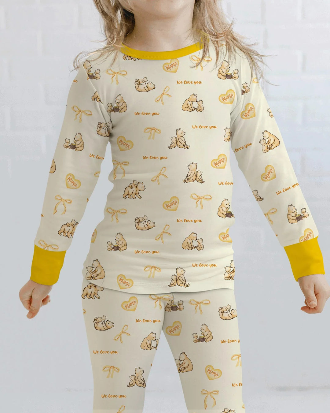 Sweat Yellow Mama Bear Two Piece Long Sleeve Pajama Set