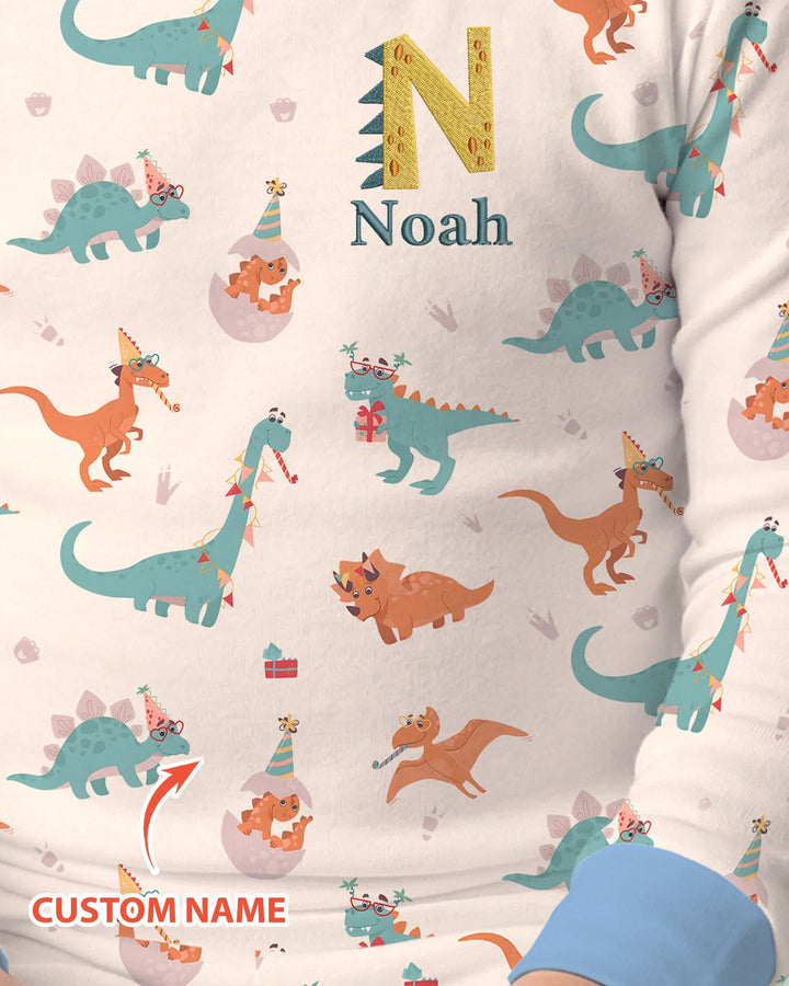 Pijama de dos piezas de bambú con nombre bordado personalizado de dinosaurios y manga larga