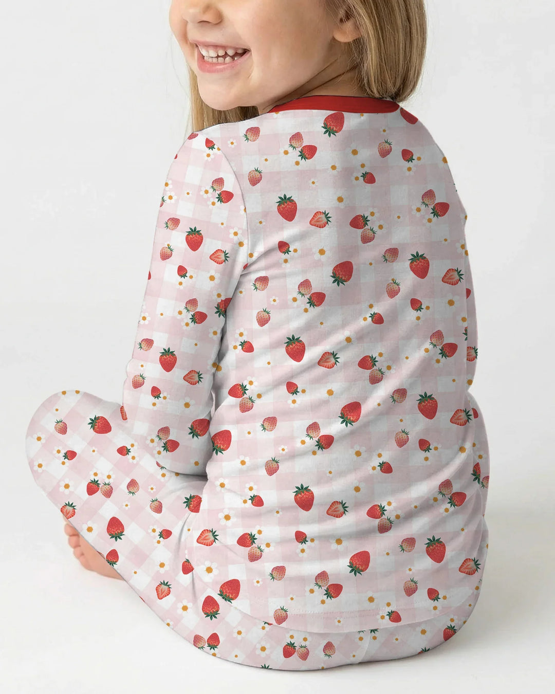 Conjunto de pijama de dos piezas de bambú con bordado de fresas y texto personalizado de manga larga