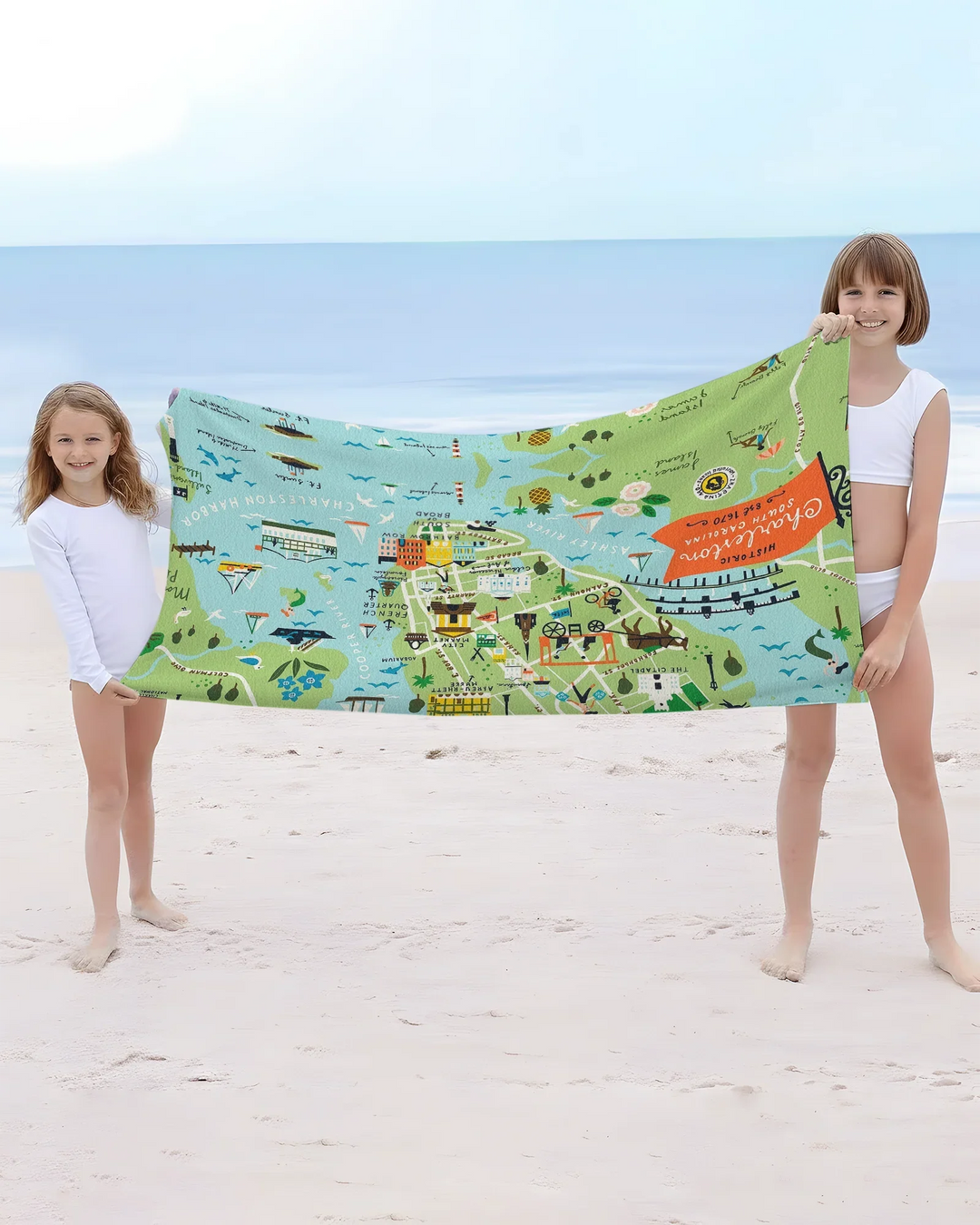 Charleston Coastal Charm Map Bamboo Beach Towel