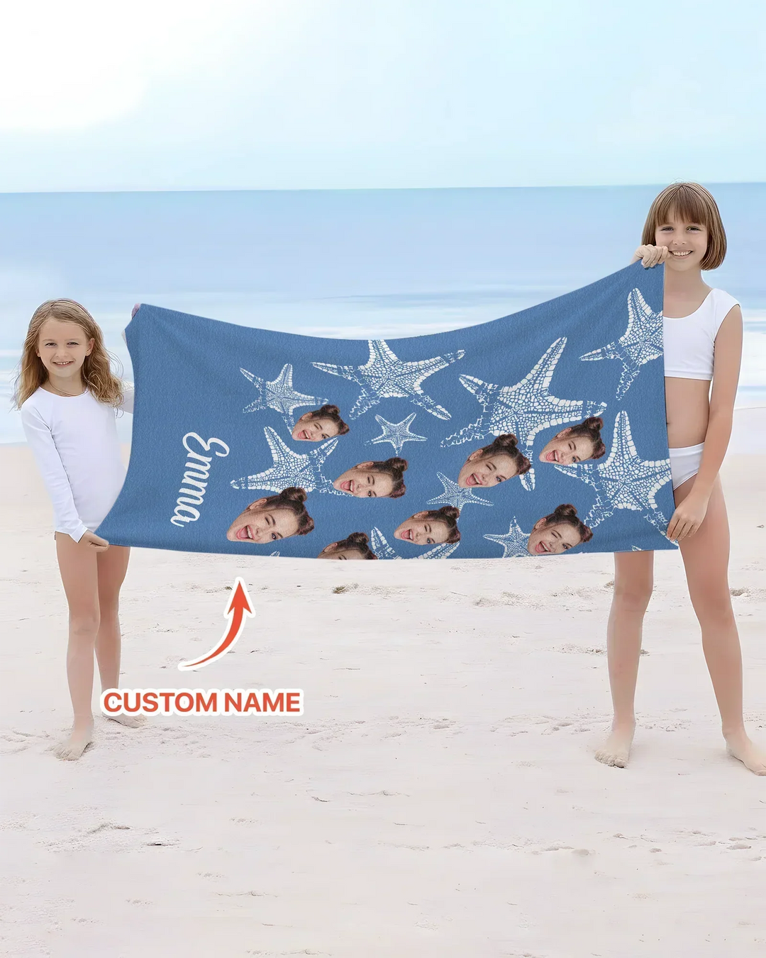 Custom Photo Starfish With Names Bamboo Beach Towel
