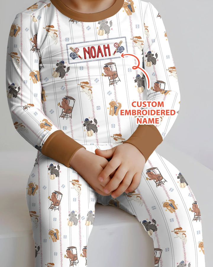 Custom Embroidered Name Baseball Bamboo Two Piece Long Sleeve Pajama Set