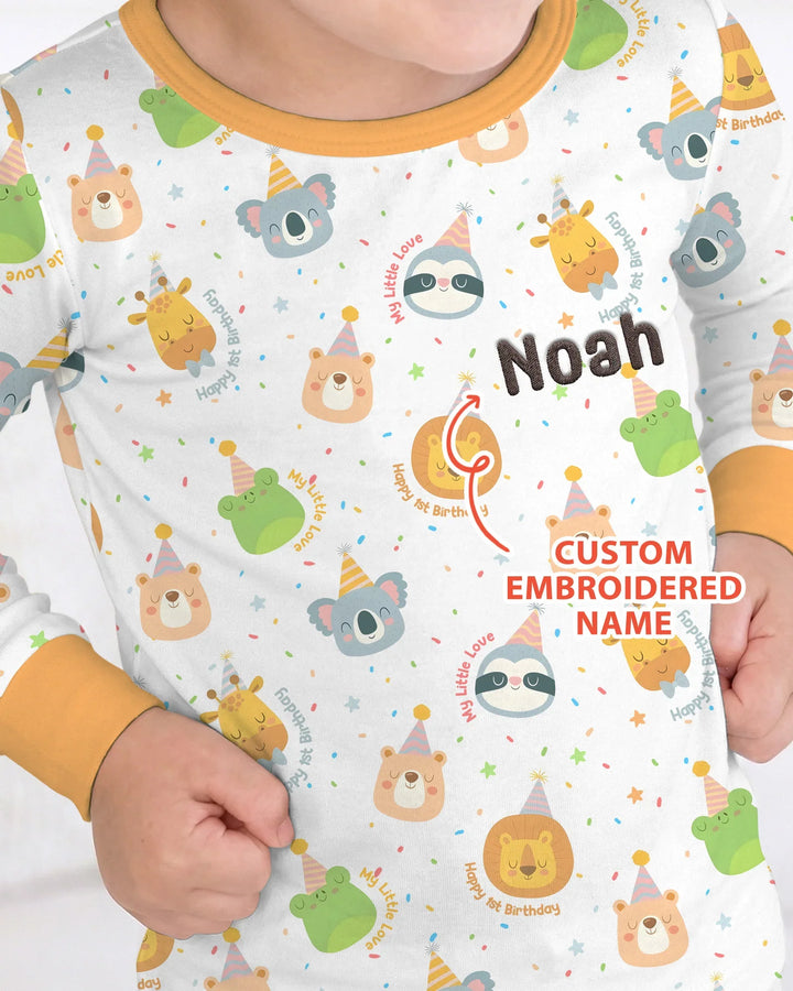 1st Birthday Personalized Embroidered Baby Bamboo Two Piece Long Sleeve Pajama Set