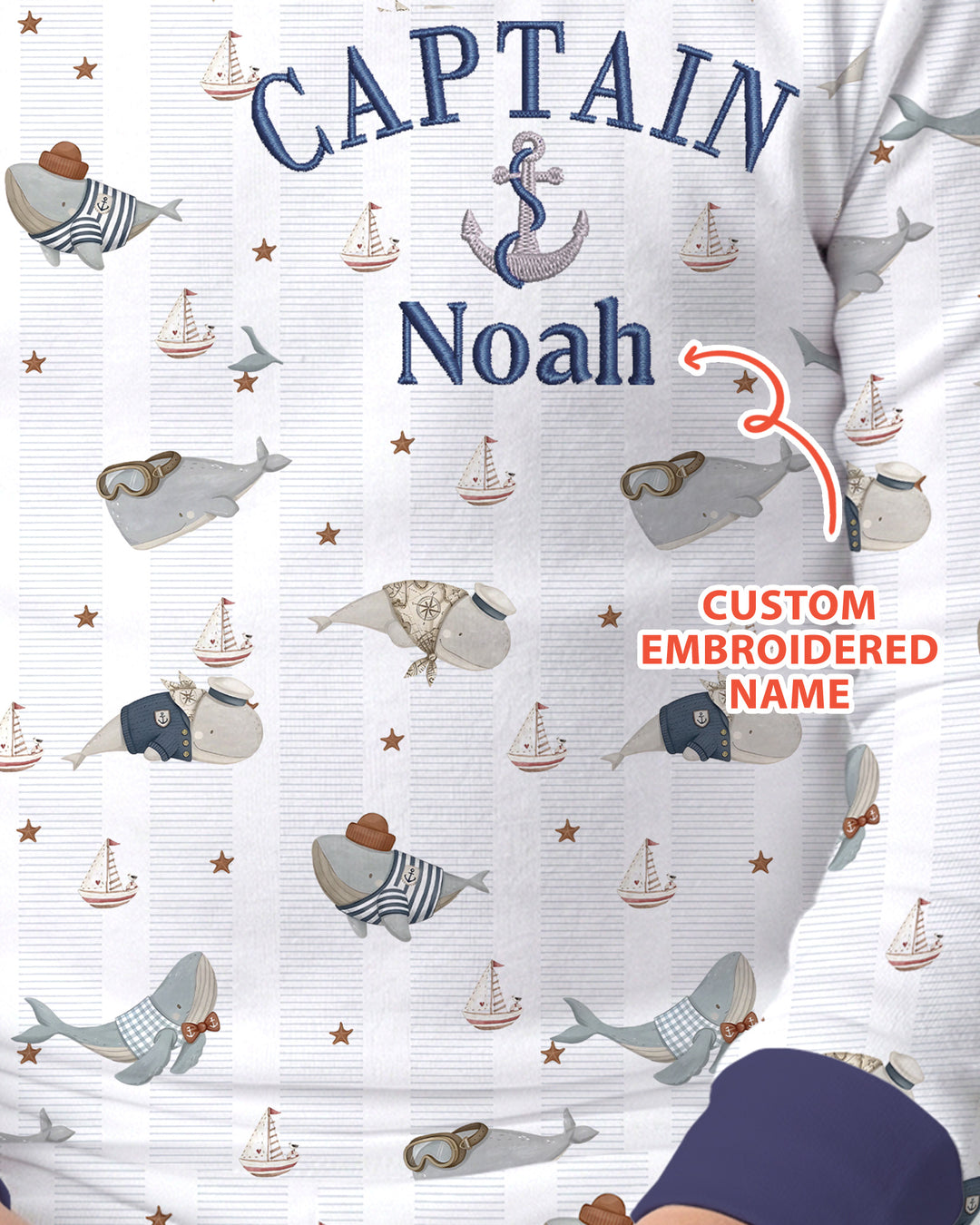 Custom Embroidered Name Little Captain of the Whale Crew Bamboo Two Piece Long Sleeve Pajama Set
