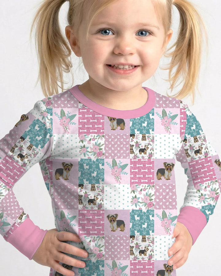 Floral Yorkie Grace Two Piece Long Sleeve Pajama Set