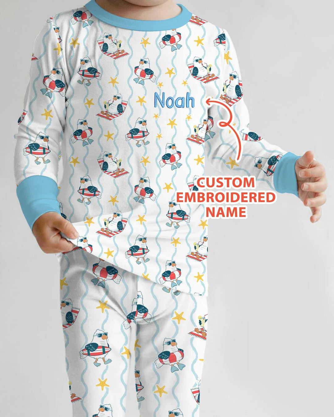 Conjunto de pijama de dos piezas personalizado bordado de bambú para bebé con gaviota veraniega y manga larga
