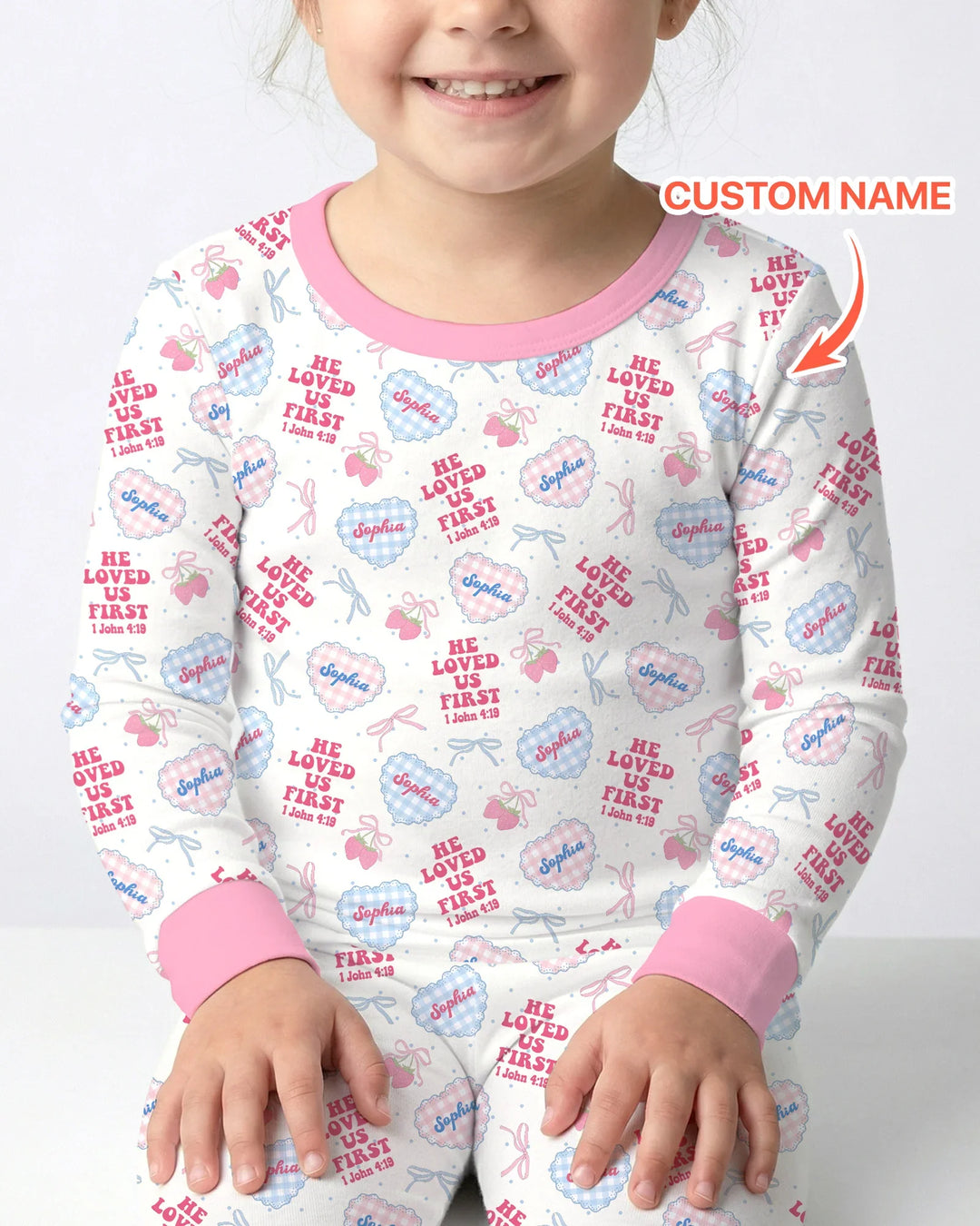He Loved Us First Custom Name Bamboo Two Piece Long Sleeve Pajama Set