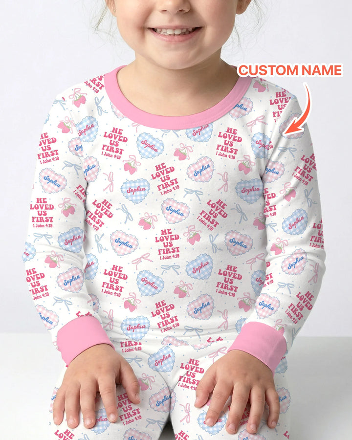 He Loved Us First Custom Name Bamboo Two Piece Long Sleeve Pajama Set