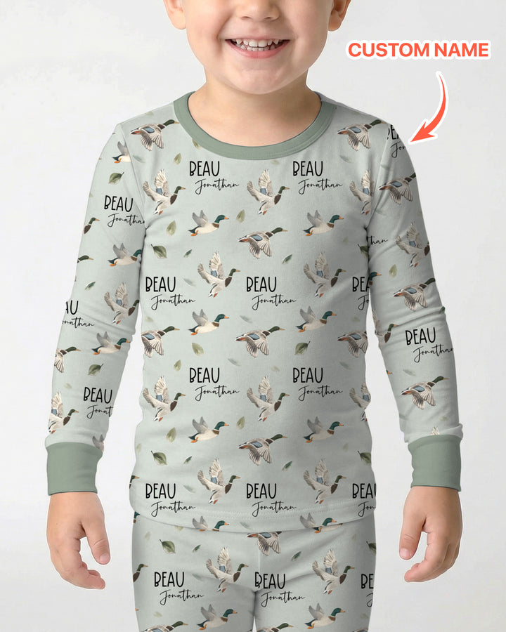 Custom Name Mallard Duck Two Piece Long Sleeve Pajama Set