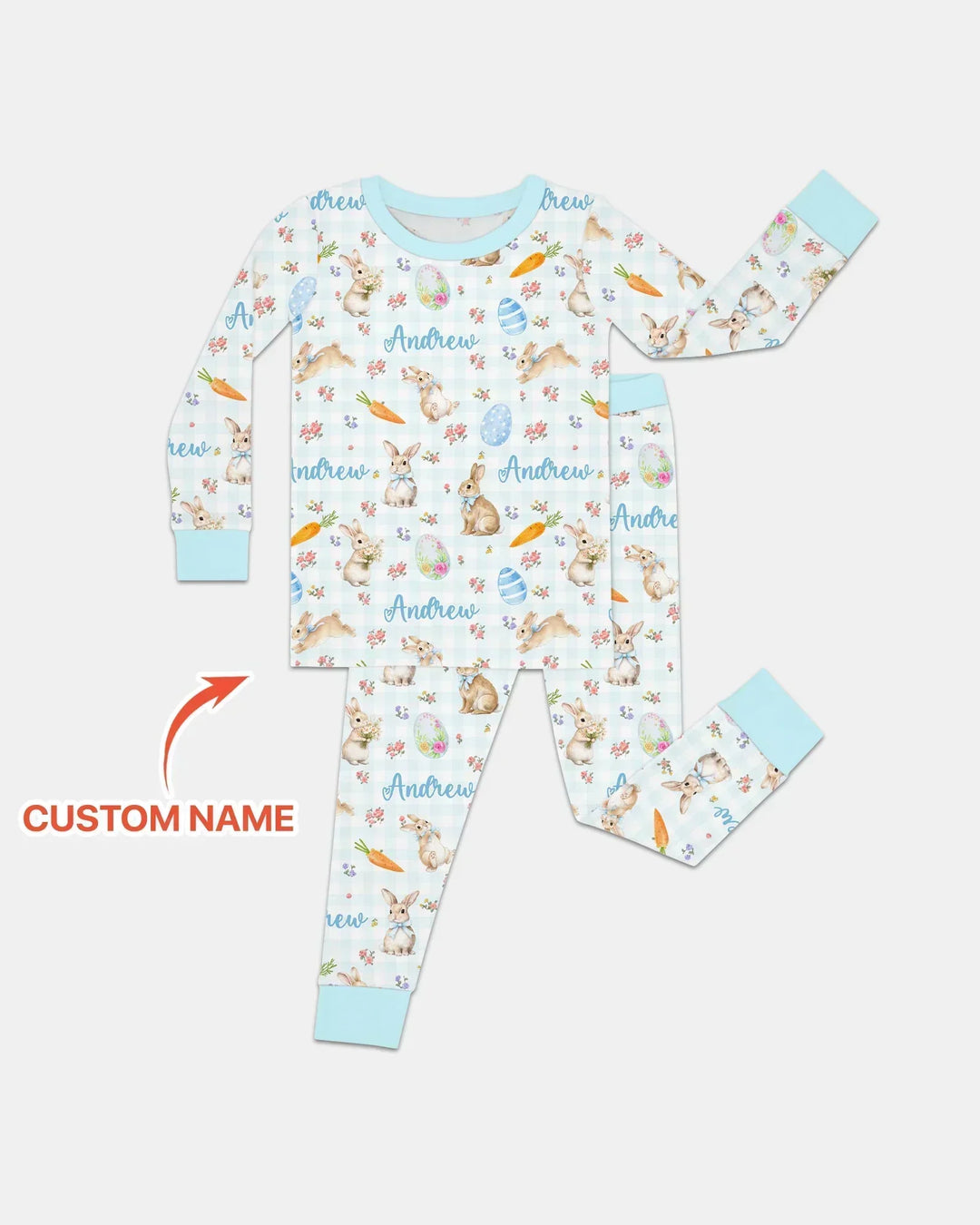 Custom Name Bunny Garden Two Piece Long Sleeve Pajama Set