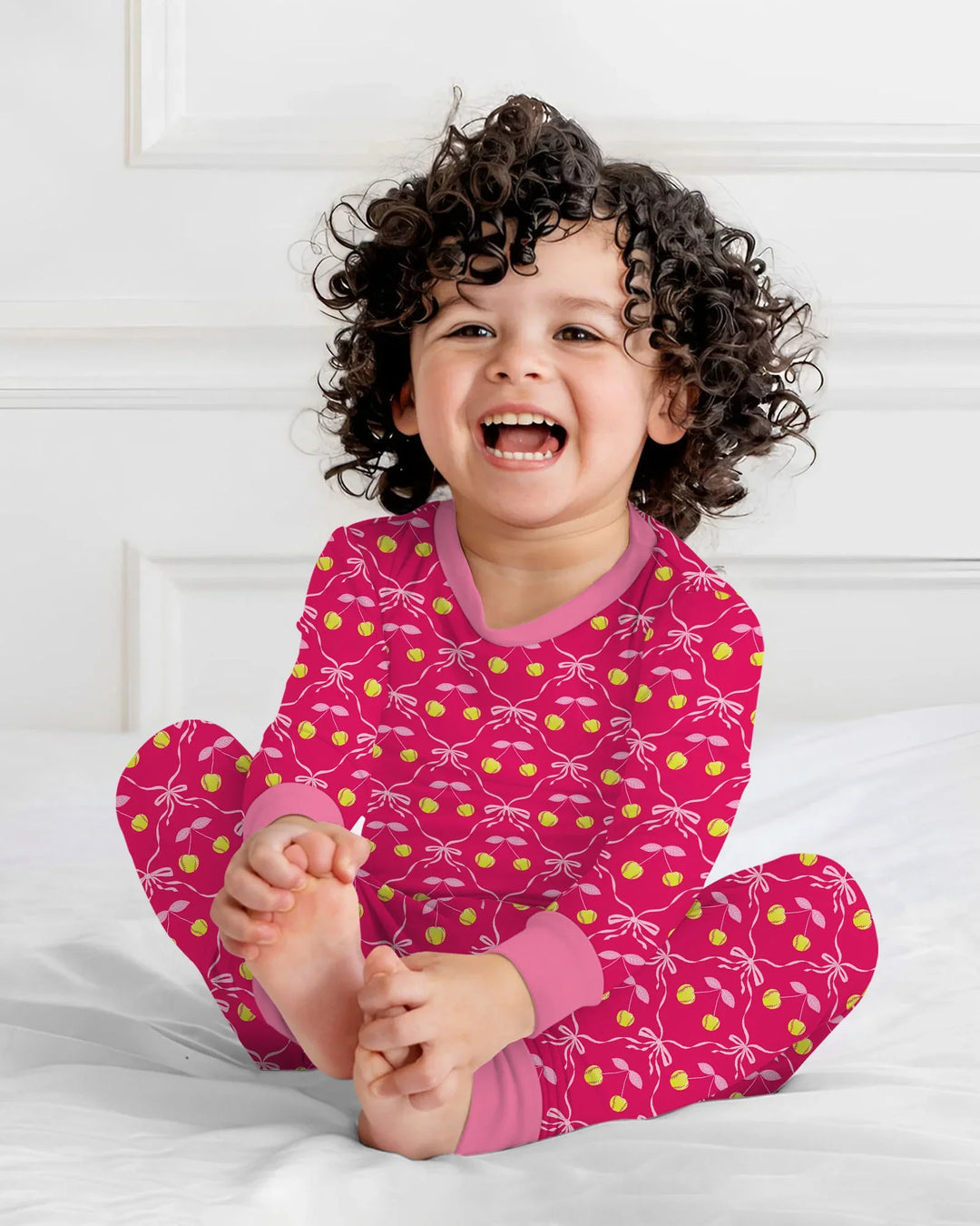 Cherry Baseball Softball Mom and Girl Matching Bamboo Two Piece Long Sleeve Pajama Set