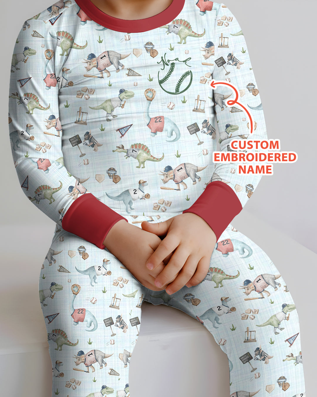 Custom Embroidered Dinosaurs Baseball  Bamboo Two Piece Long Sleeve Pajama Set