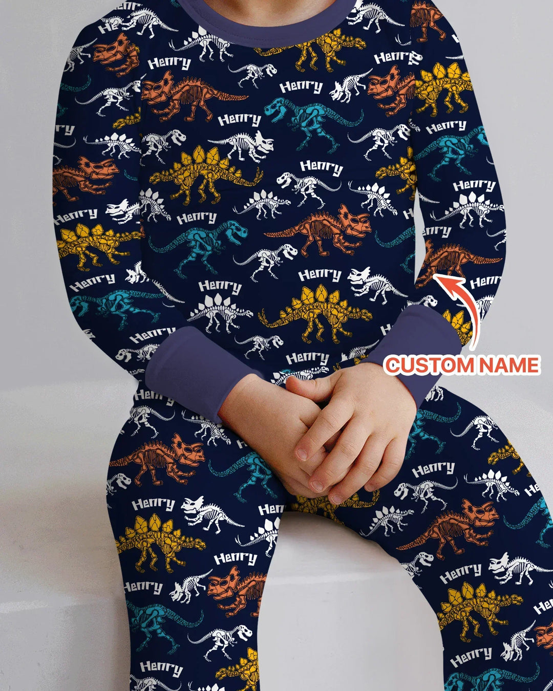 Dino Bones Parade Custom Name Two Piece Long Sleeve Pajama Set