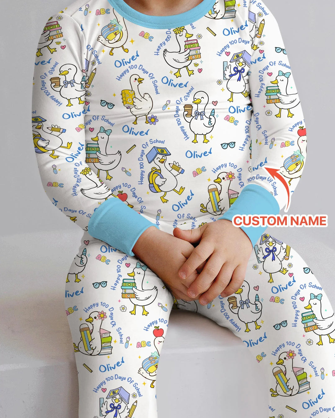 Custom Name Goose Happy 100 Days Of School Two Piece Long Sleeve Pajama Set