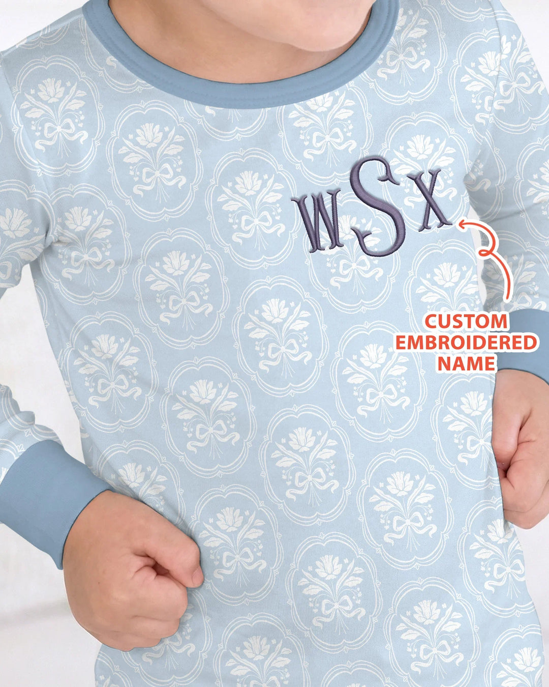 Conjunto de pijama de bambú de dos piezas de manga larga bordado con flores personalizado para bebé