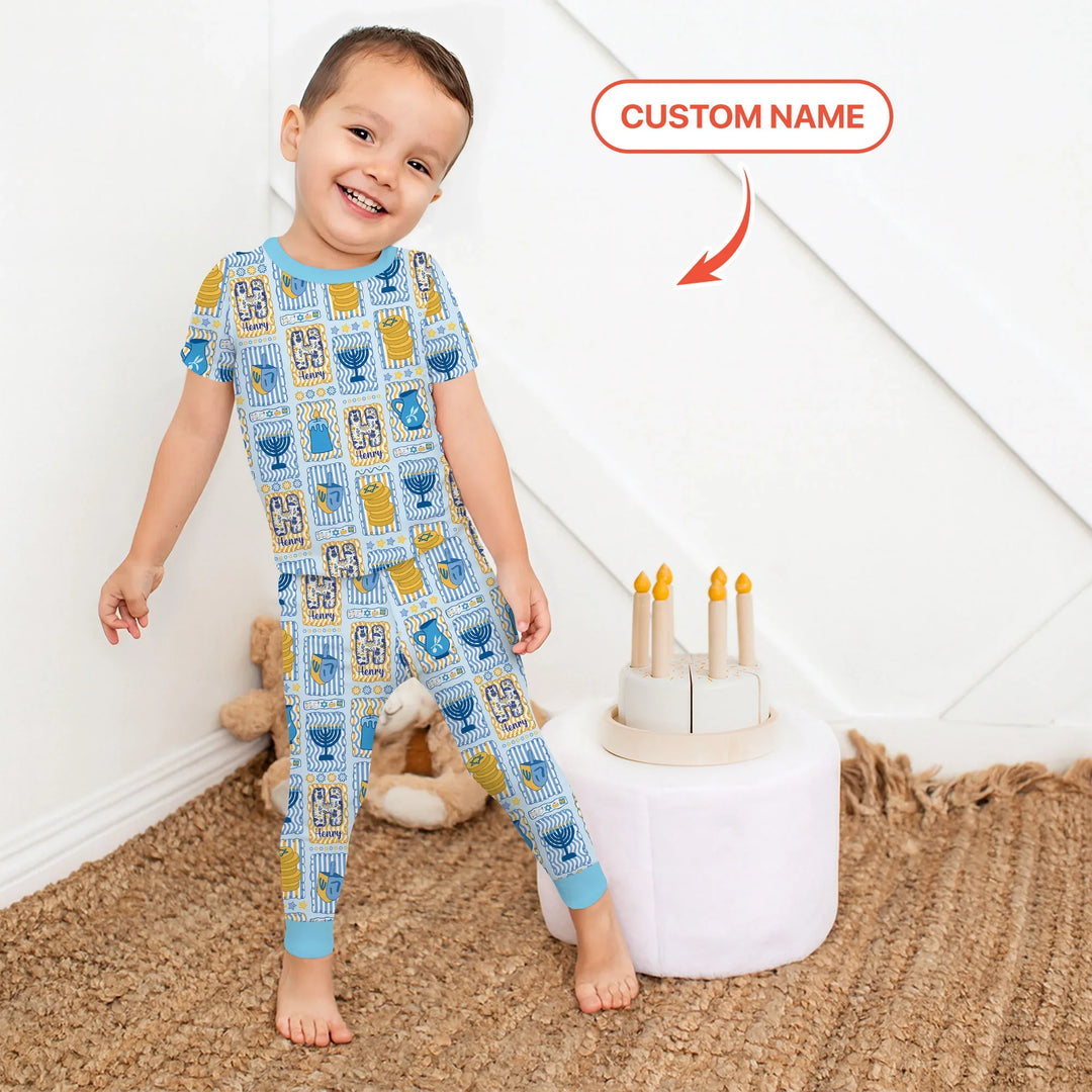 Custom Name Hanukkah Wonderland Two Piece Short Sleeve Pajama Set