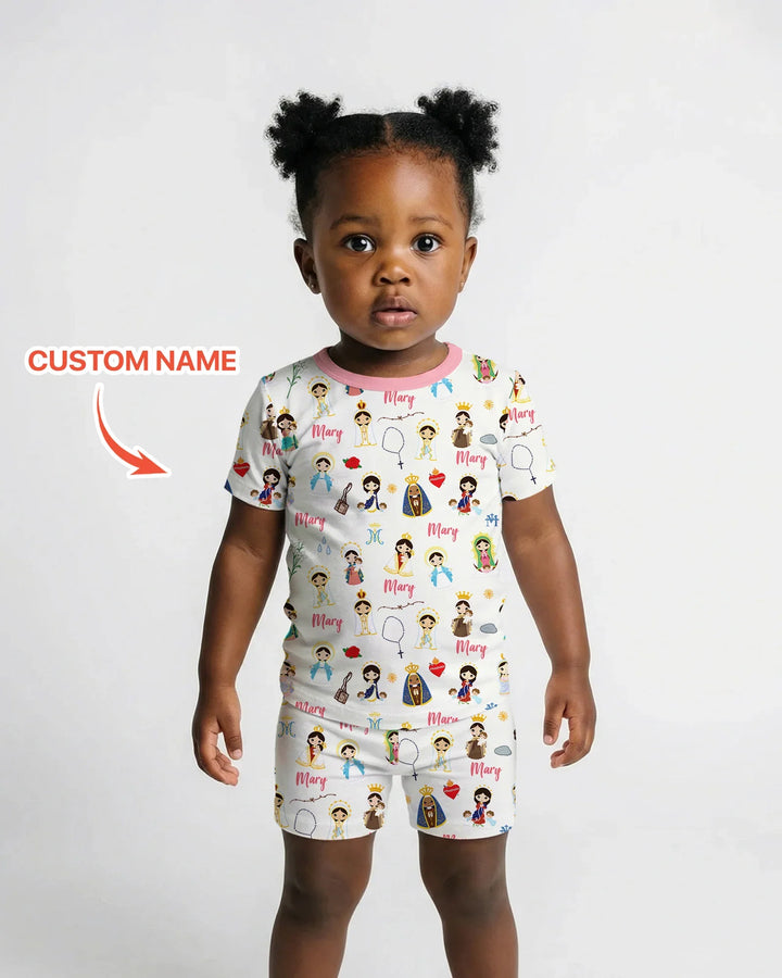 Pijama de dos piezas de bambú de manga corta y pantalón corto con nombre personalizado de la Virgen María