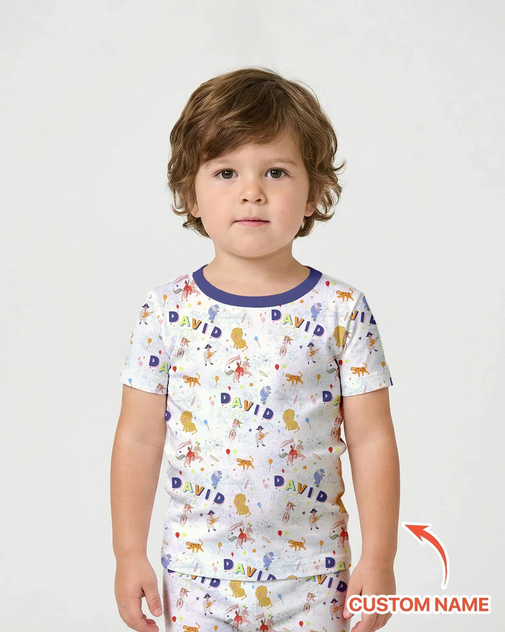 Custom Name Circus Toile Bamboo Two Piece Short Sleeve Shorts Pajama Set