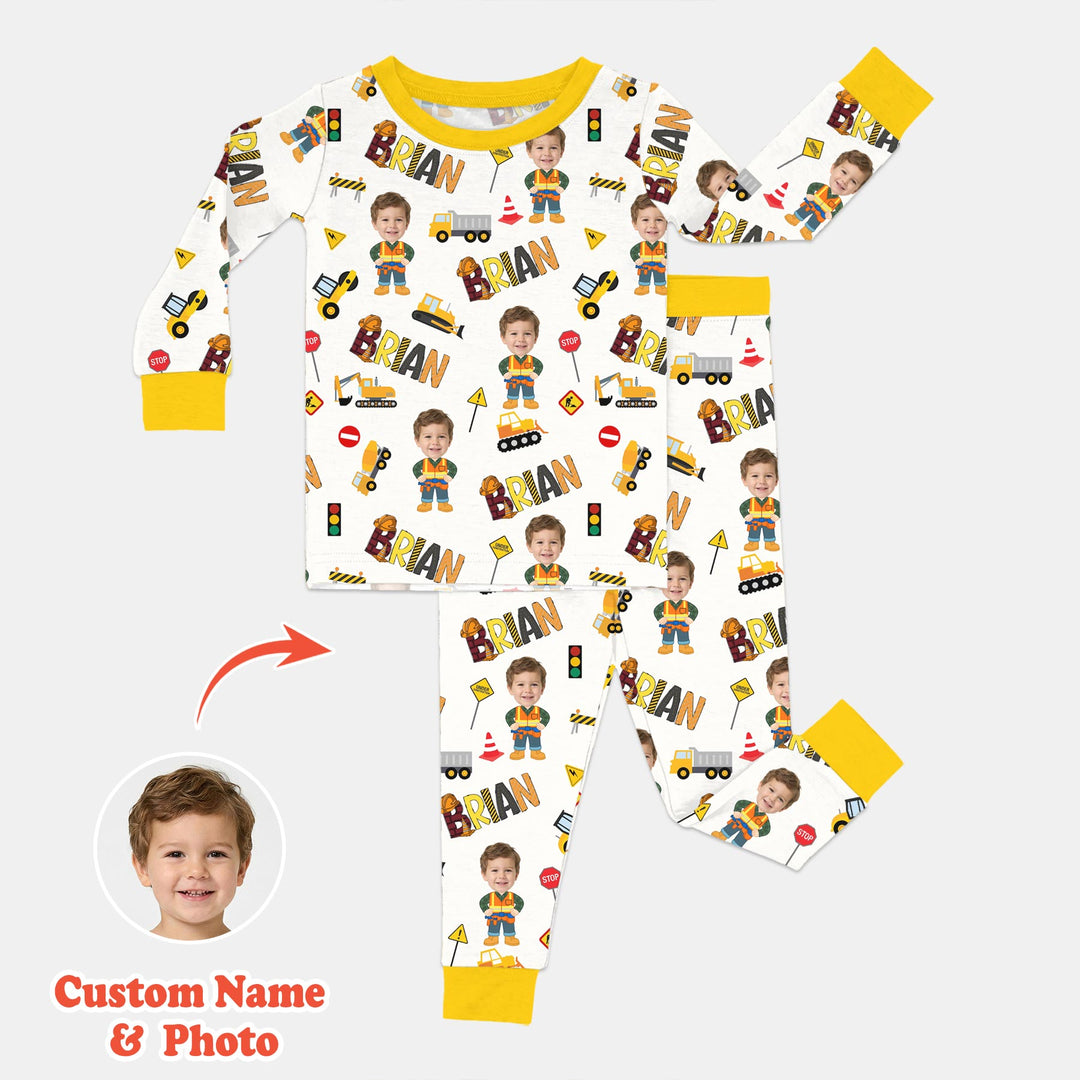 Custom Photo Doodle Little Builder Two Piece Long Sleeve Pajama Set