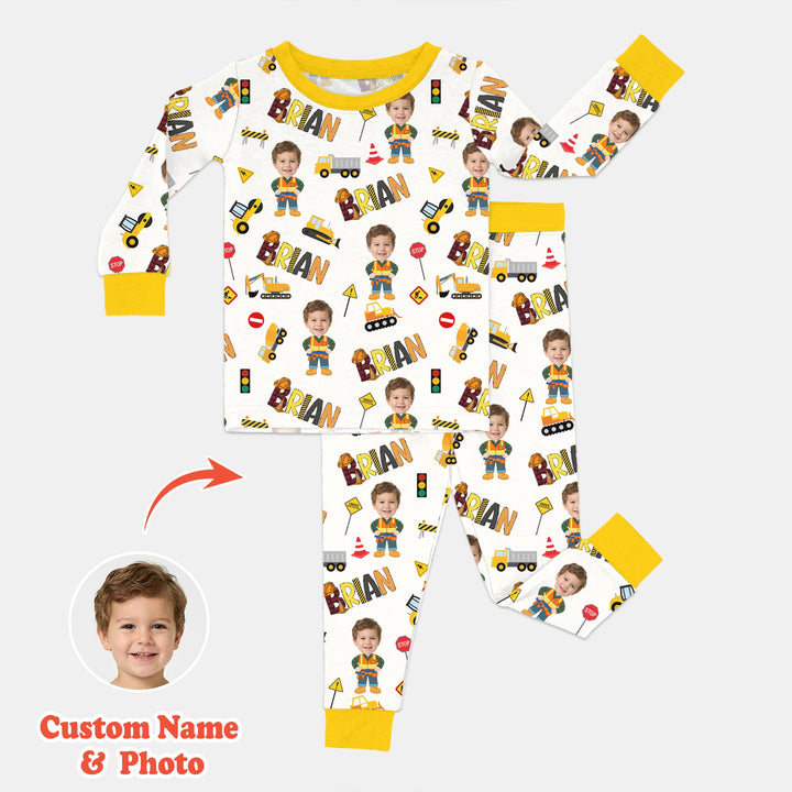 Custom Photo Doodle Little Builder Two Piece Long Sleeve Pajama Set