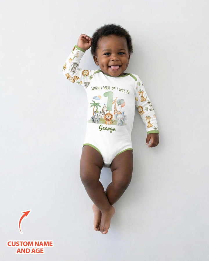 Custom Name Safari Animals When I Wake Up I Will Be Birthday Bamboo Bodysuit