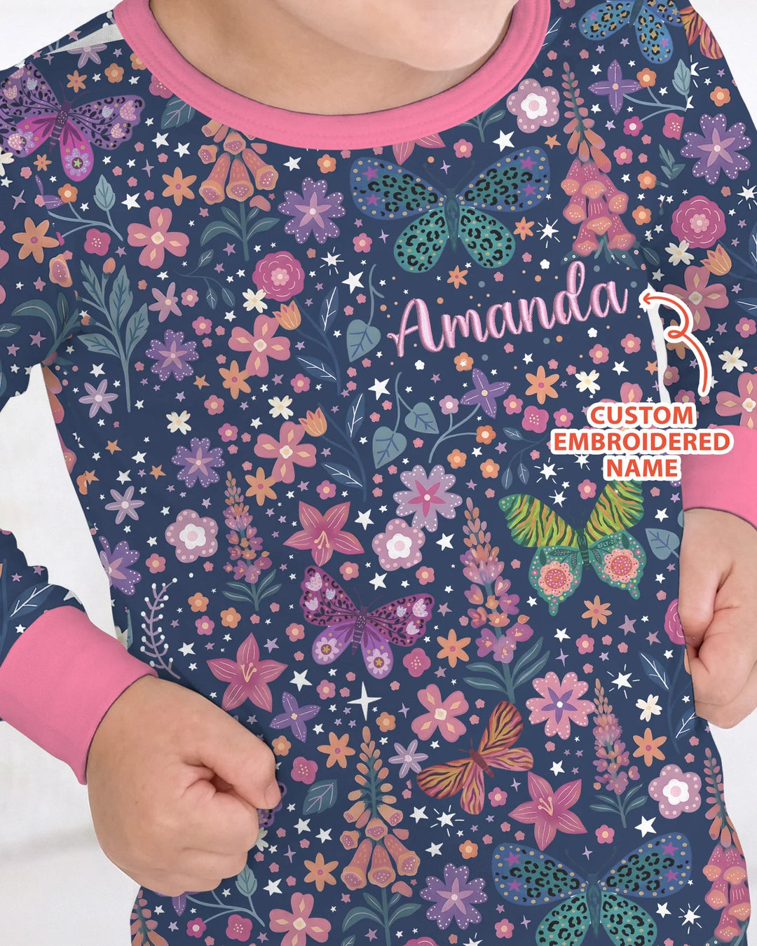 Custom Name Embroidered Colorful Butterfly Bamboo Two Piece Long Sleeve Pajama Set