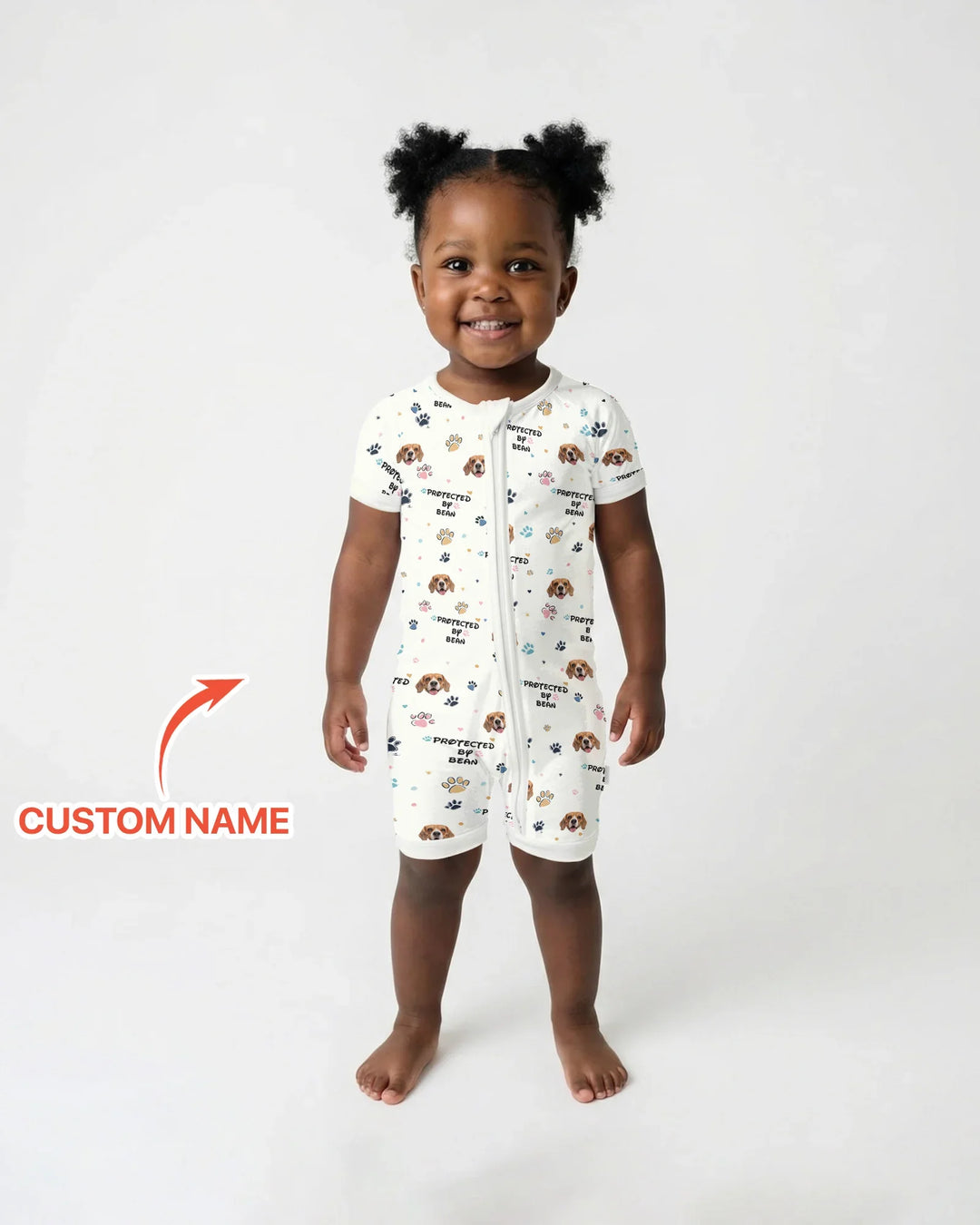 Custom Dog Photo Pattern "Protected By" Shorty Zippered Romper