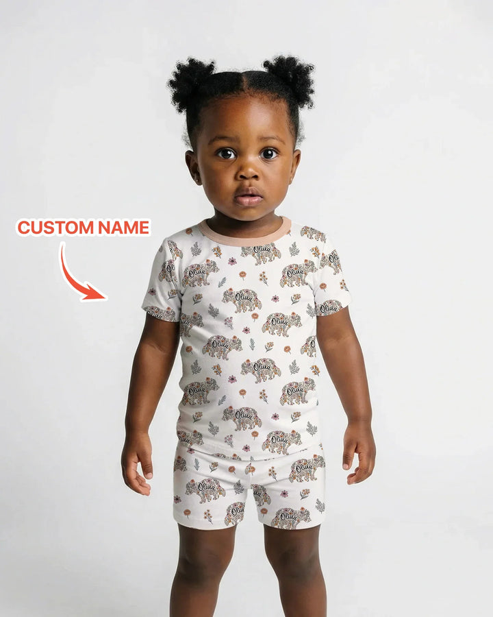 Custom Name Floral Bear Family Matching Bamboo Two Piece Short Sleeve Shorts Pajama Set