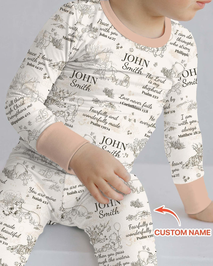 Classic Bear Bible Verse Custom Name Bamboo Two Piece Long Sleeve Pajama Set