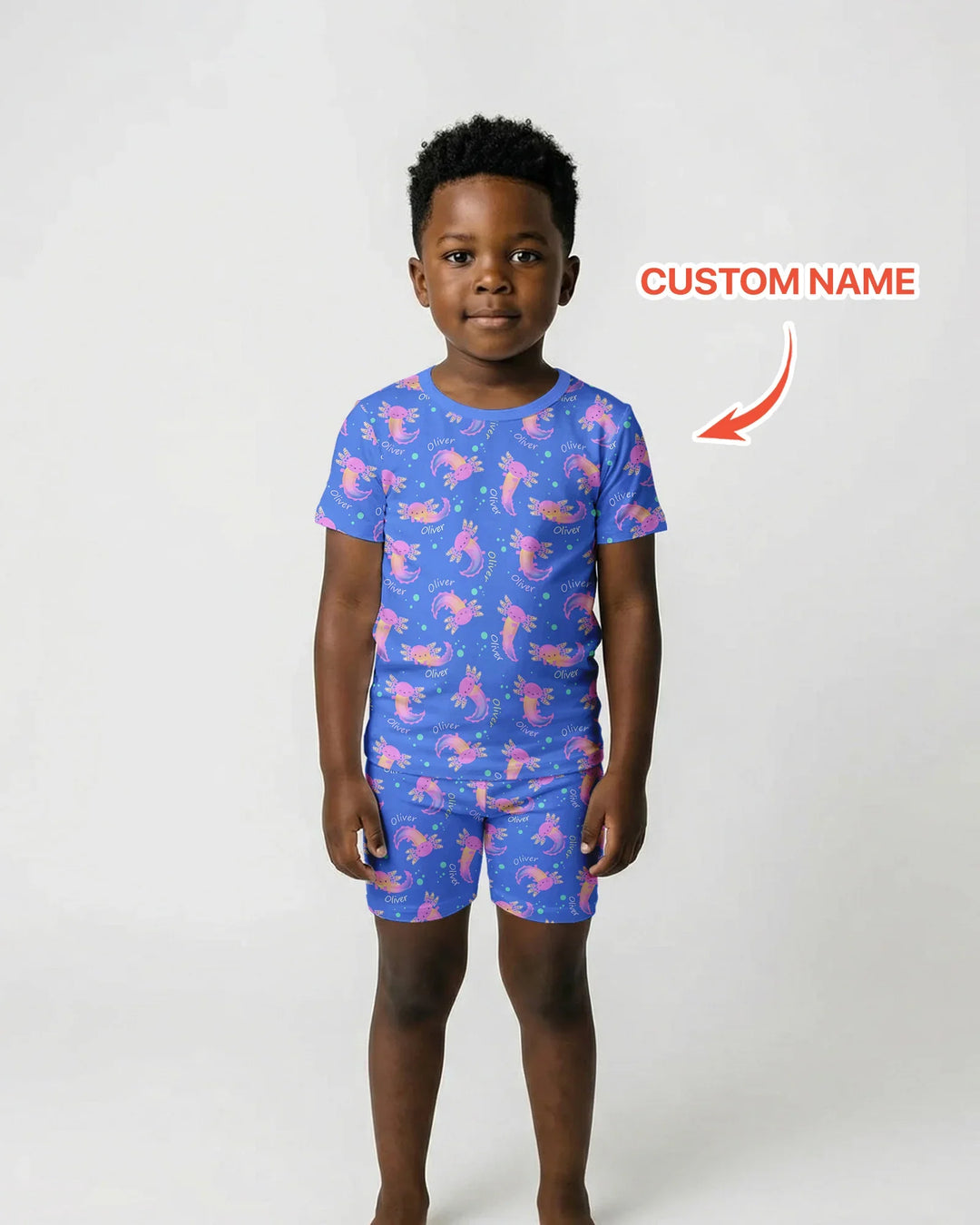 Conjunto de pijama de dos piezas de bambú con nombre personalizado de Axolote que brilla en la oscuridad, de manga corta y pantalón corto