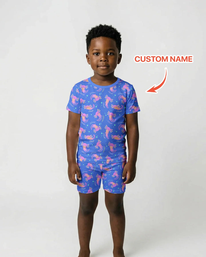 Conjunto de pijama de dos piezas de bambú con nombre personalizado de Axolote que brilla en la oscuridad, de manga corta y pantalón corto