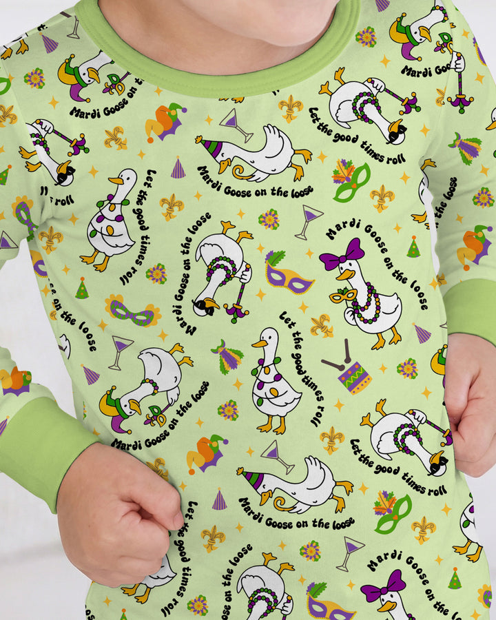 Mardi Gras Silly Goose Two Piece Long Sleeve Pajama Set