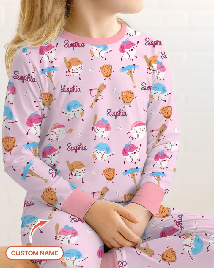 Custom Name Ballparl Family Matching Bamboo Two Piece Long Sleeve Pajama Set