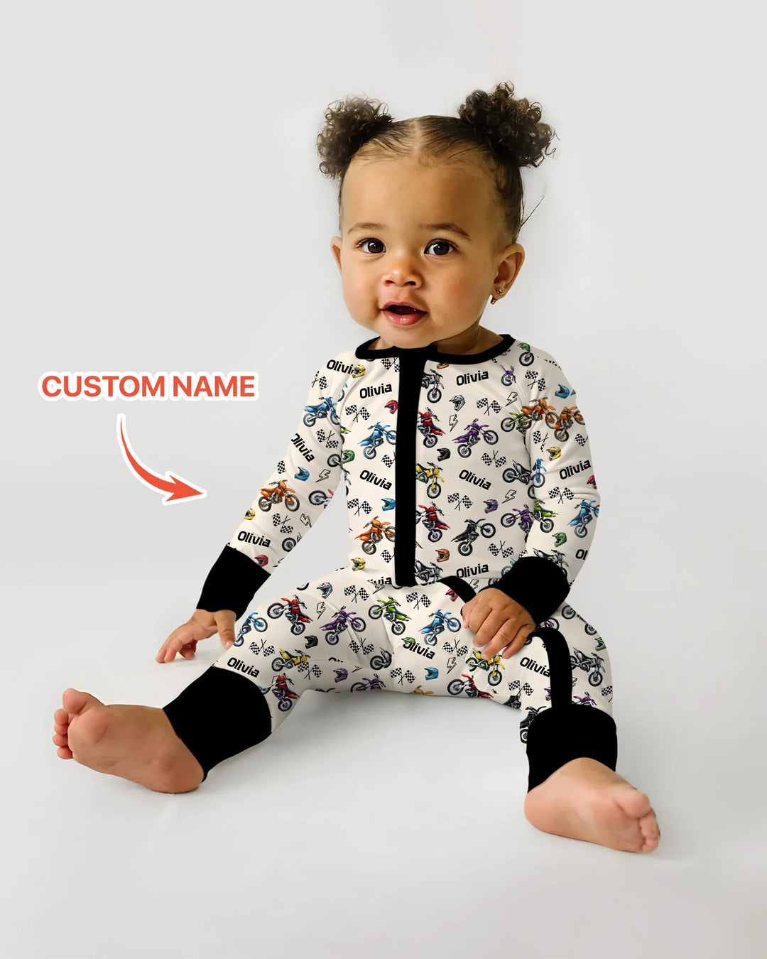 Pijama convertible de bambú con cremallera Little Dirt Bike Rider con nombre personalizado