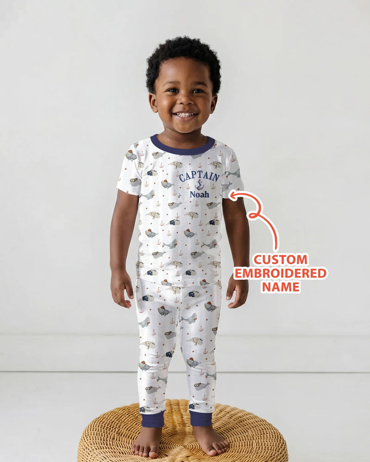 Custom Embroidered Name Little Captain of the Whale Crew Bamboo Two Piece Short Sleeve Pajama Set
