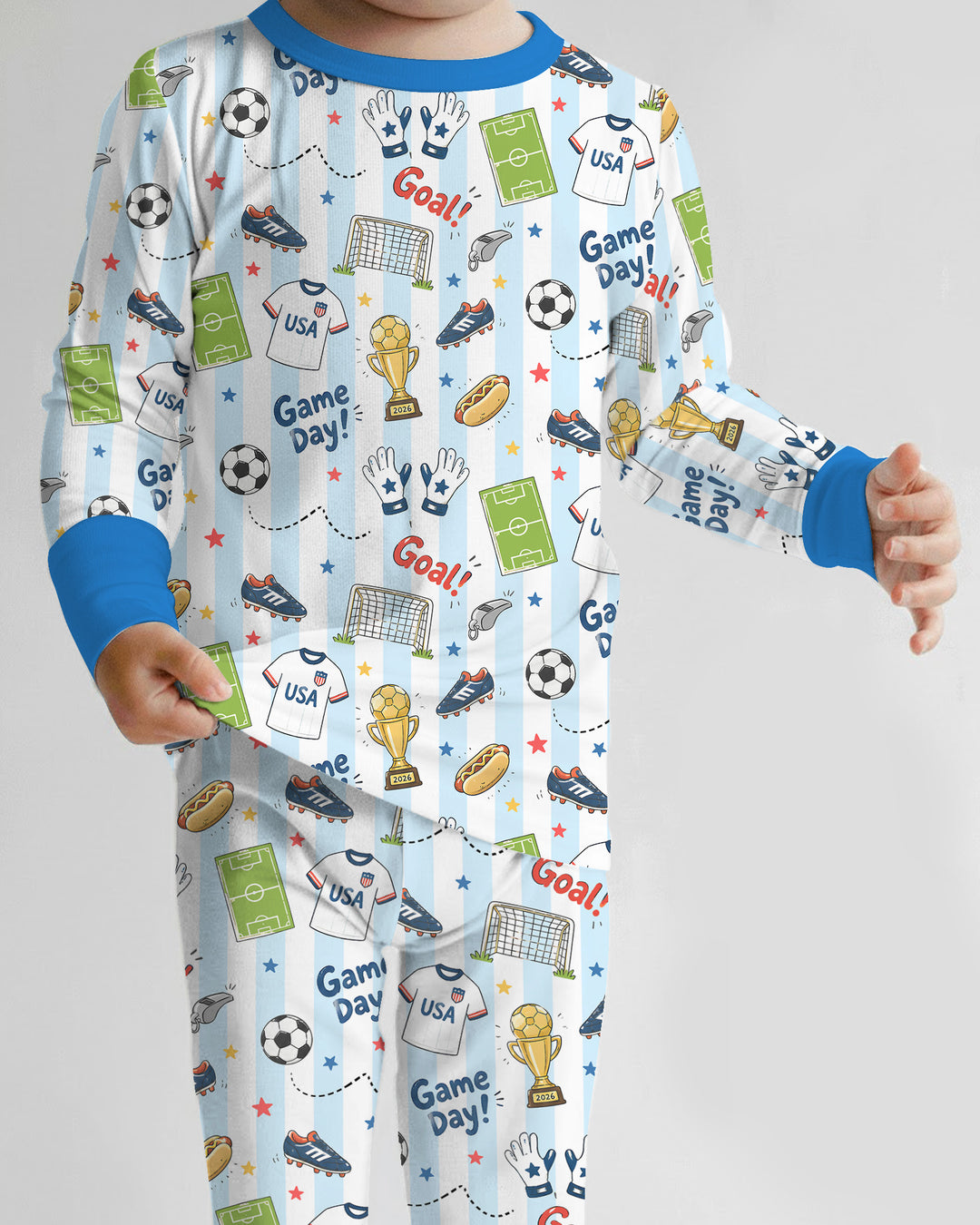 Striped Soccer Game Day Family Matching Bamboo Two Piece Long Sleeve Pajama Set