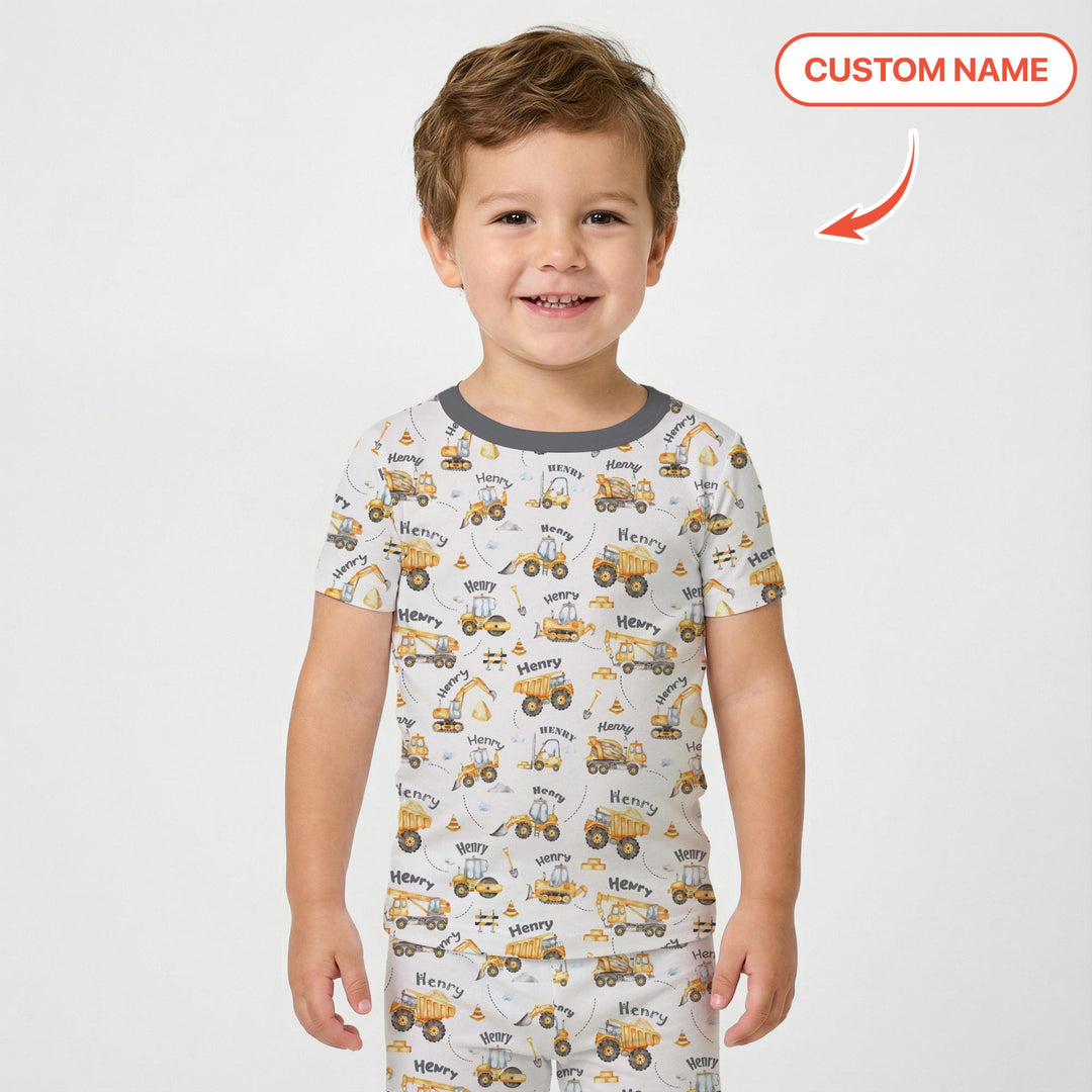 Constructions Machines Custom Name Two Piece Short Sleeve Pajama Set