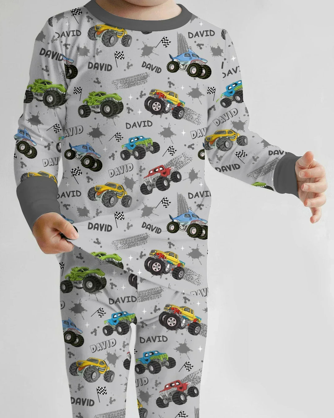 Monster Truck Dirt Jam Custom Name Daddy & Me Matching Two Piece Long Sleeve Pajama Set