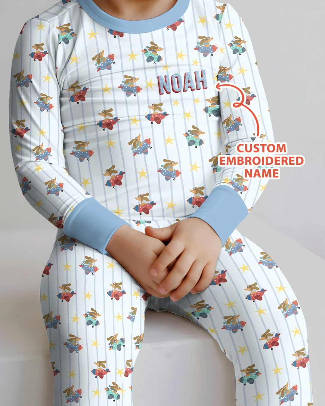 Custom Name Embroidered Dachshund Pilot Bamboo Two Piece Long Sleeve Pajama Set