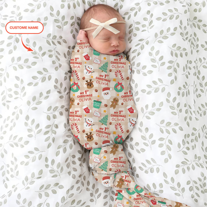 Custom Name My First Christmas Mocha Gingham Swaddle Blanket